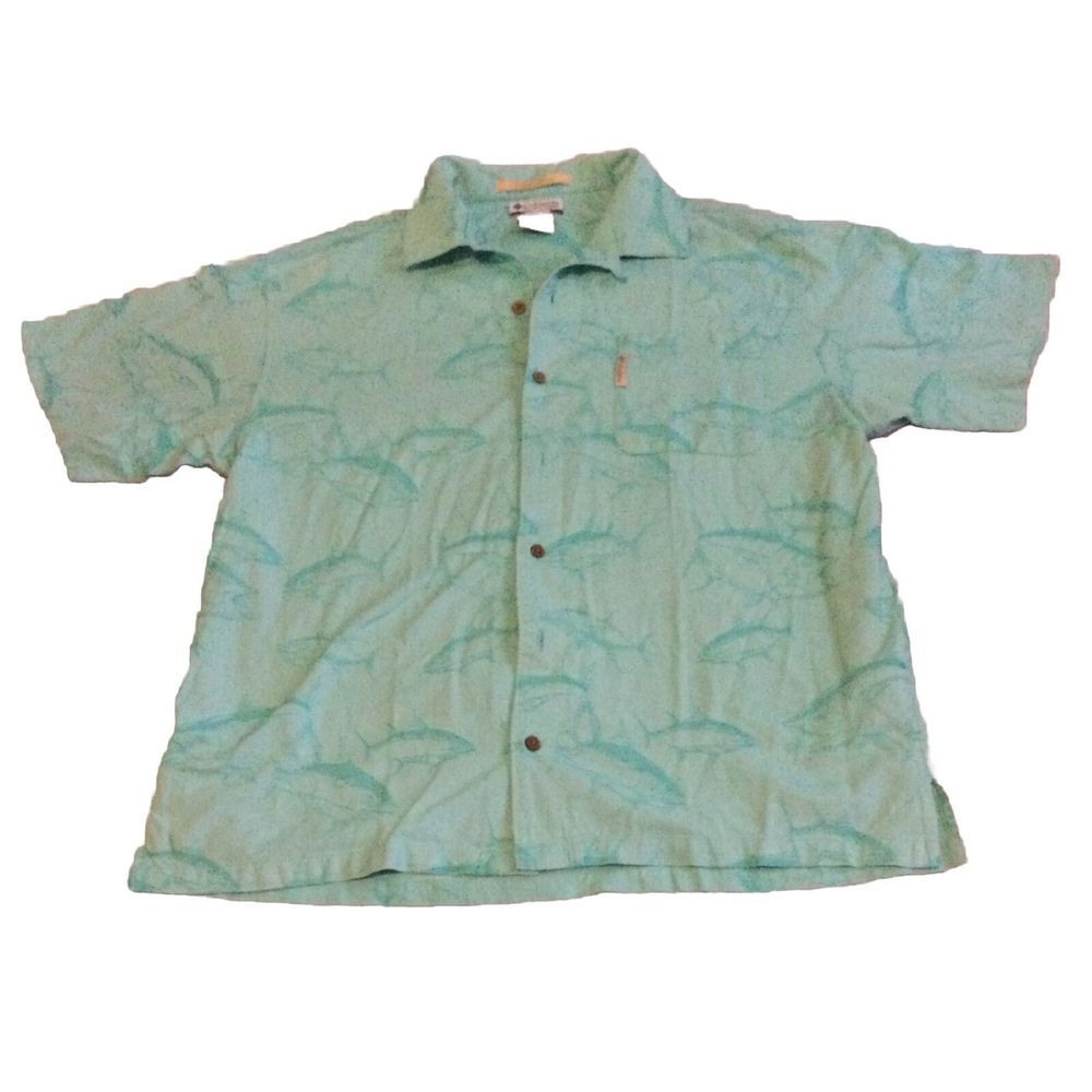 Columbia Short Sleeve Button Up Shirt XL Fish‎ Tuna River Lodge